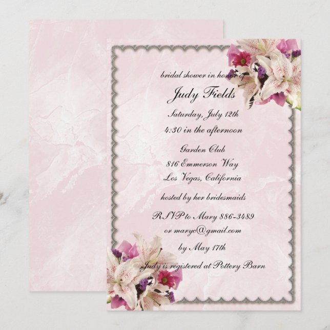Lily Floral Pink Marble Wedding Bridal Shower Invitation (Front/Back)