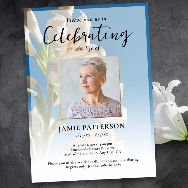 Lily Flower Celebration of Life Photo Funeral  Invitation (Creator Uploaded)