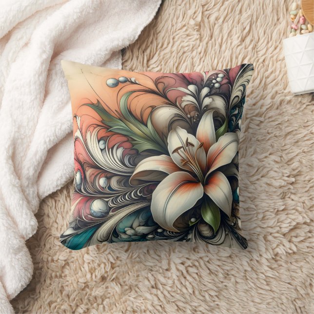 Lily Flower Design With Colourful Abstract Pattern Throw Pillow (Blanket)