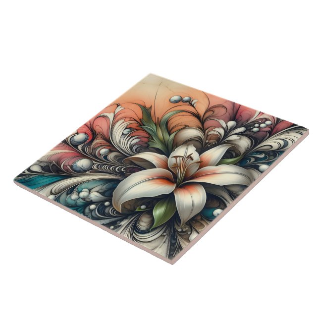 Lily Flower Design With Colourful Abstract Pattern Tile (Side)