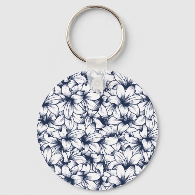Lily Flower Ink Sketched Pattern Keychain (Front)