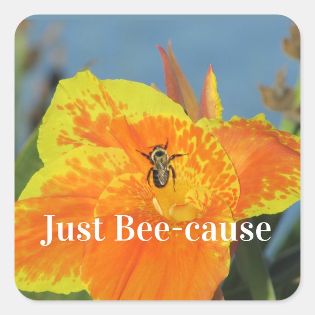 Lily Flower Photo Bee Pun Bright Orange Floral Square Sticker (Front)