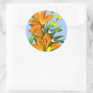 Lily Flowers and Chickadee Classic Round Sticker