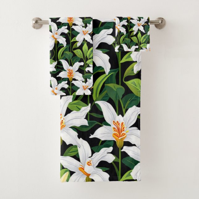 Lily flowers and leaves pattern design bath towel set (Insitu)
