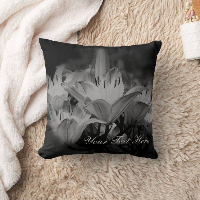 Lily Flowers In Black And White Personalized Throw Pillow (Blanket)
