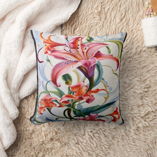 Lily Flowers in Vibrant Colours on Light Backgroun Throw Pillow (Blanket)