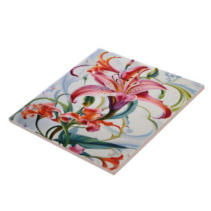 Lily Flowers in Vibrant Colours on Light Backgroun Tile