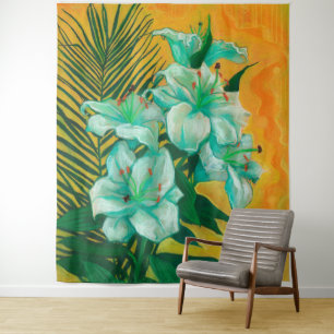 Lily Flowers Palm Leaf, Spring Floral Art Painting Tapestry