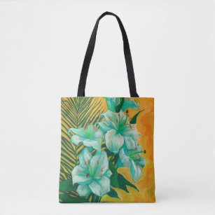Lily Flowers Palm Leaf, Spring Floral Art Painting Tote Bag