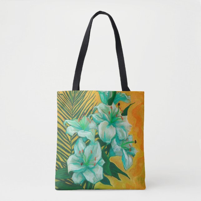 Lily Flowers Palm Leaf, Spring Floral Art Painting Tote Bag (Front)