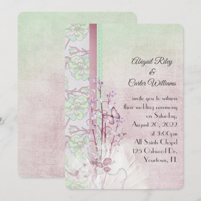 lily of the valley and butterfly with pearls invitation (Front/Back)