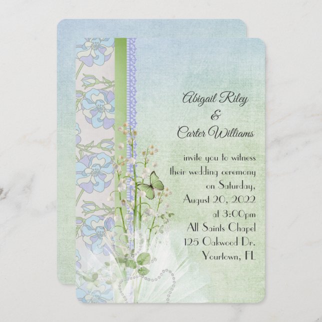 lily of the valley and butterfly with pearls invitation (Front/Back)