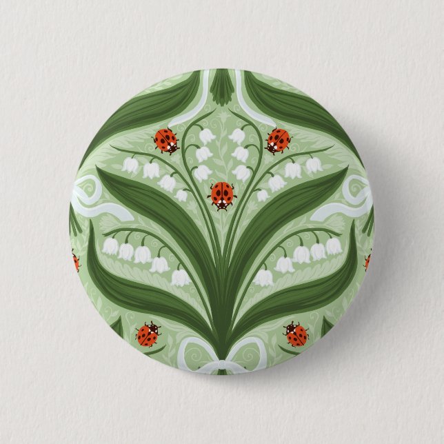 Lily of the valley and ladybugs symmetry in green, 2 inch round button (Front)