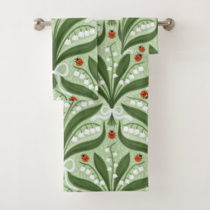 Lily of the valley and ladybugs symmetry in green, bath towel set