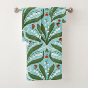 Lily of the valley and ladybugs symmetry in green, bath towel set