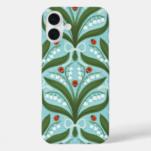 Lily of the valley and ladybugs symmetry in green, iPhone 16 plus case