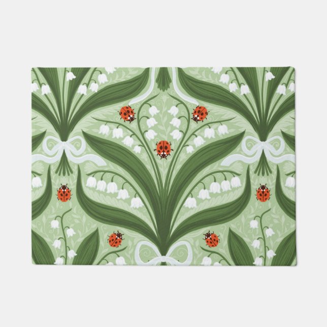 Lily of the valley and ladybugs symmetry in green, doormat (Front)