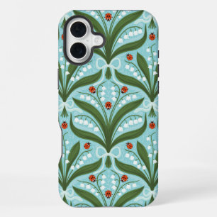 Lily of the valley and ladybugs symmetry in green, iPhone 16 plus case