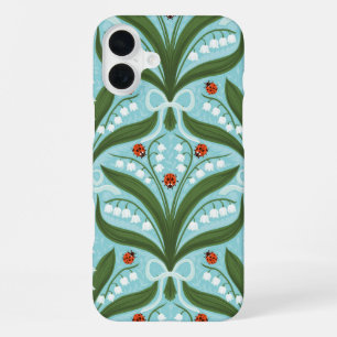 Lily of the valley and ladybugs symmetry in green, iPhone 16 plus case