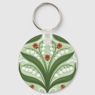 Lily of the valley and ladybugs symmetry in green, keychain