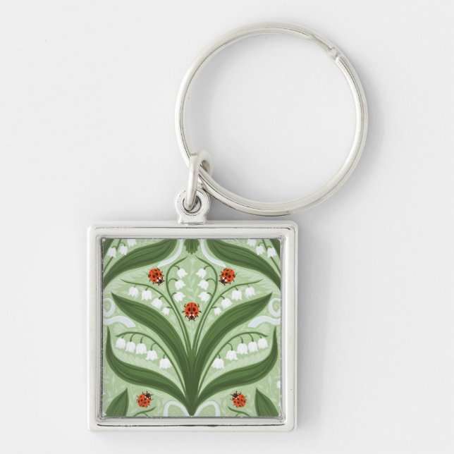 Lily of the valley and ladybugs symmetry in green, keychain (Front)