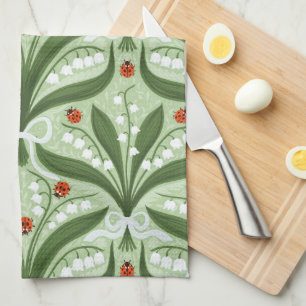 Lily of the valley and ladybugs symmetry in green, kitchen towel