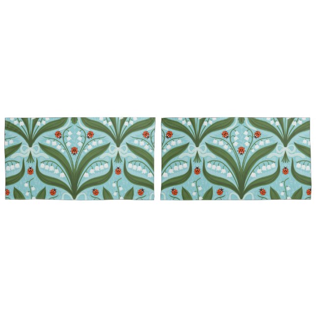 Lily of the valley and ladybugs symmetry in green, pillowcase (Front-Set)