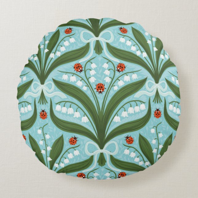 Lily of the valley and ladybugs symmetry in green, round pillow (Front)