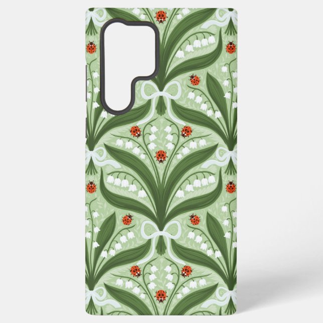 Lily of the valley and ladybugs symmetry in green, samsung galaxy s22 ultra case (Back)