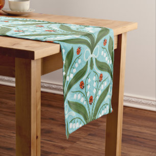 Lily of the valley and ladybugs symmetry in green, short table runner