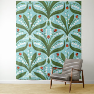 Lily of the valley and ladybugs symmetry in green, tapestry