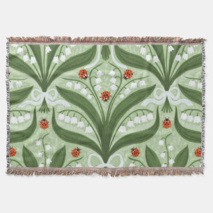 Lily of the valley and ladybugs symmetry in green, throw blanket