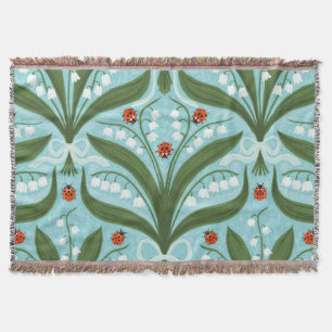 Lily of the valley and ladybugs symmetry in green, throw blanket