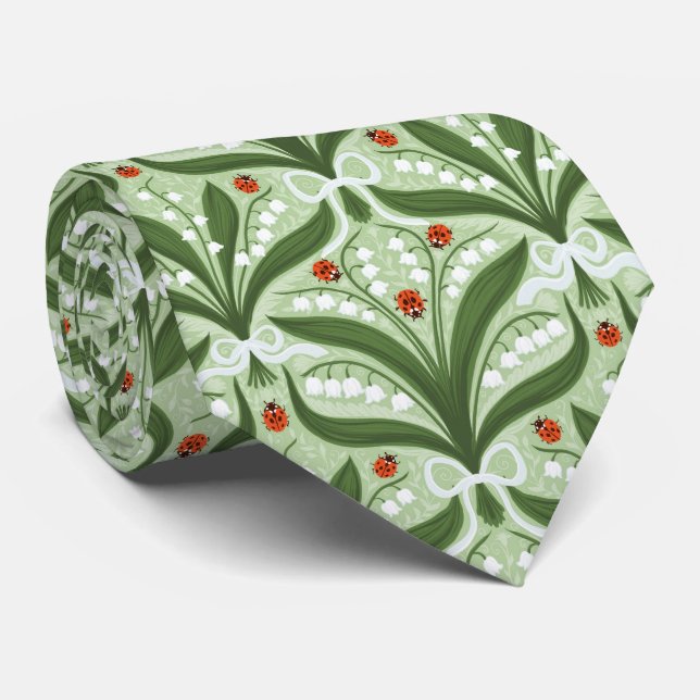 Lily of the valley and ladybugs symmetry in green, tie (Rolled)