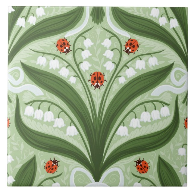 Lily of the valley and ladybugs symmetry in green, tile (Front)