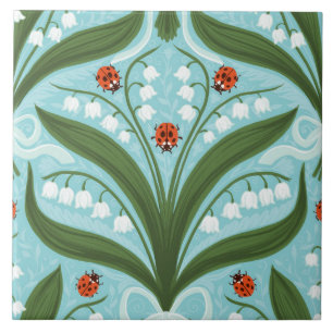 Lily of the valley and ladybugs symmetry in green, tile