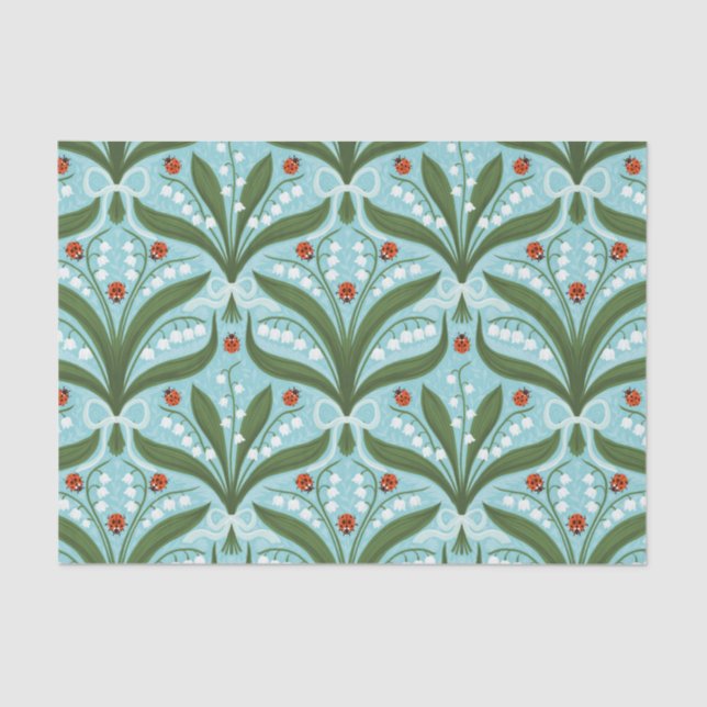 Lily of the valley and ladybugs symmetry in green, tissue paper (Front)
