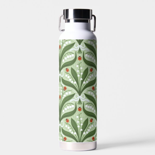 Lily of the valley and ladybugs symmetry in green, water bottle (Front)
