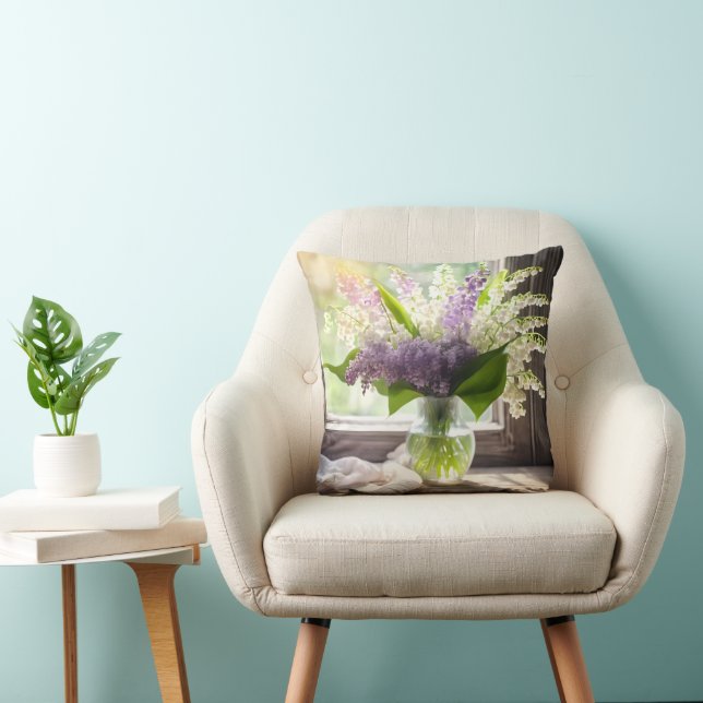 Lily of The Valley and Lilac Bouquet By Window Throw Pillow (Chair)