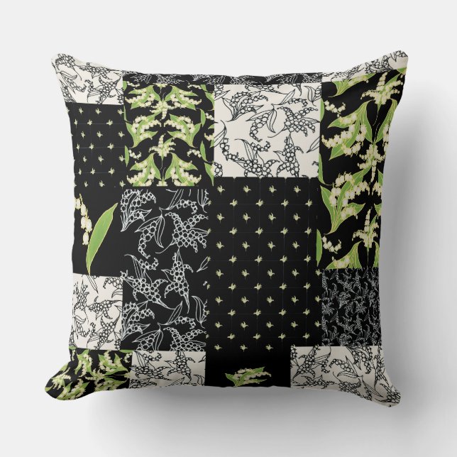 Lily-of-the-Valley Faux Patchwork on Black Throw Pillow (Front)