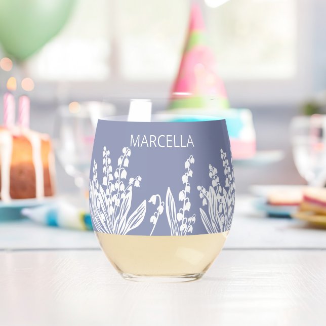 Lily Of The Valley Floral Custom Name  Stemless Wine Glass (Insitu (Birthday))