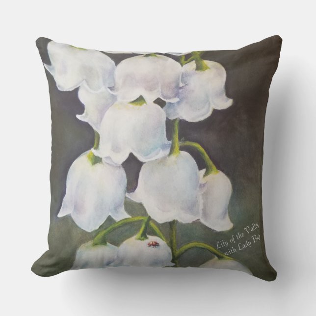 LILY OF THE VALLEY FLOWER with LADY BUG PATIO Outdoor Pillow (Front)