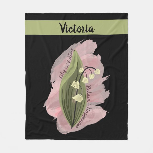 Lily of the Valley Happiness Personalized Black Fleece Blanket (Front)