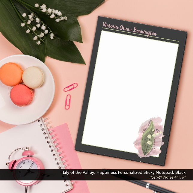 Lily of the Valley Happiness Personalized Black Post-it Notes (Lily of the Valley: Watercolor Look, Personalized Black  Post-it® Notes)