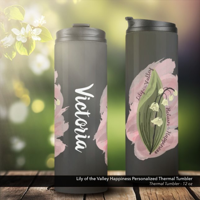 Lily of the Valley Happiness Personalized Thermal Tumbler (Lily of the Valley Happiness Personalized Thermal Tumbler in Black - 12 oz. Size)