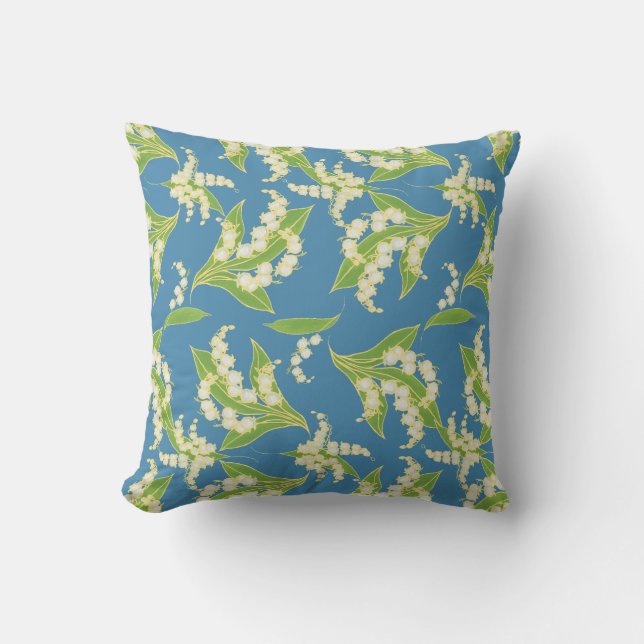 Lily-of-the-Valley Pattern on Blue Throw Pillow (Front)