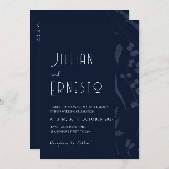 Lily of Valley || Darkest Blue Solid Faded Edge Invitation (Front/Back)