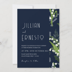 Lily of Valley Darkest Blue Solid with Floral Edge Invitation