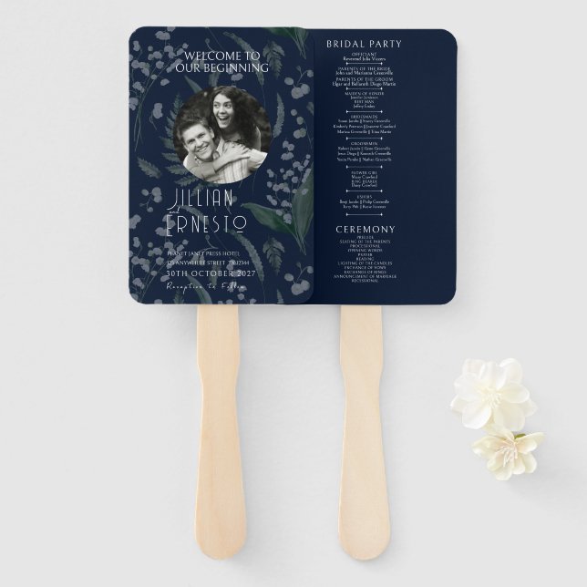 Lily of Valley Ferns  || Dark Blue Photo Program Hand Fan (Front and Back)
