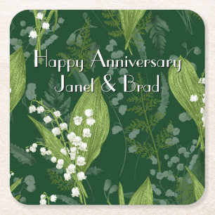 Lily of Valley with Ferns Dark Green Custom Square Paper Coaster